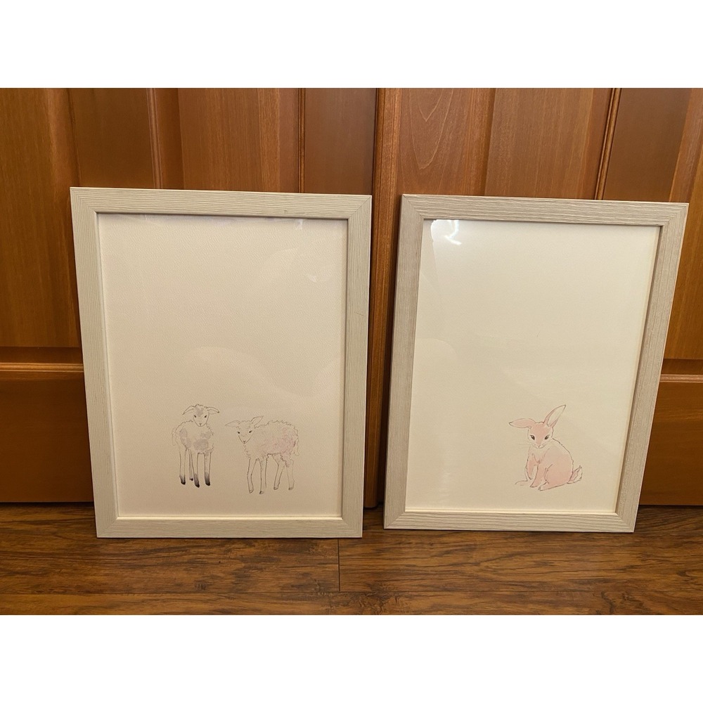 Restoration Hardware Baby Child Watercolor Animal Lamb Bunny Neutral Print Set 2
